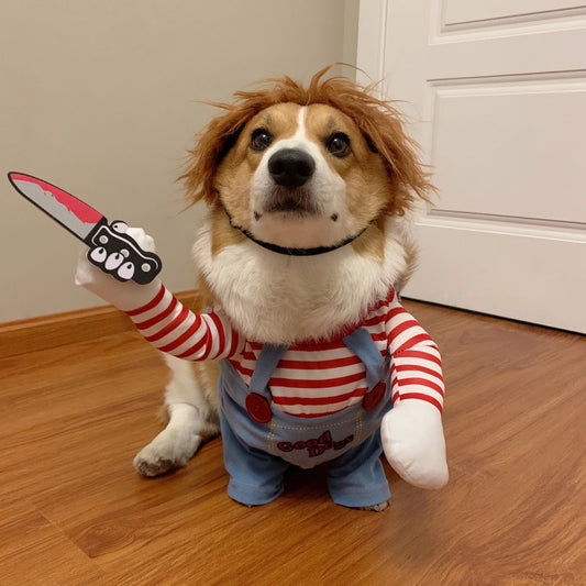 Pet Halloween Costume Dog Clothing Chucky Jumpsuit Dog Deadly Doll Cosplay Funny Party Costume Dog Clothes for Small Medium Dogs