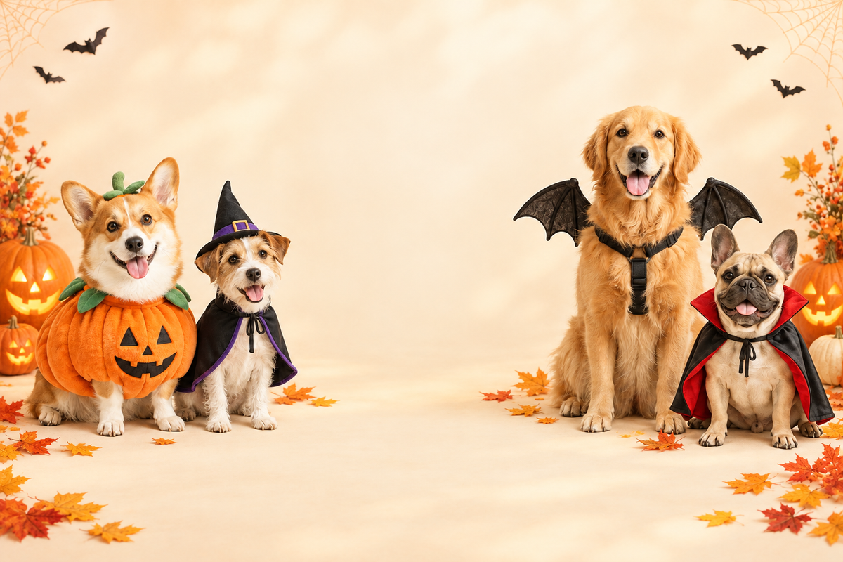 Banner de Halloween luminoso con perros disfrazados y calabazas