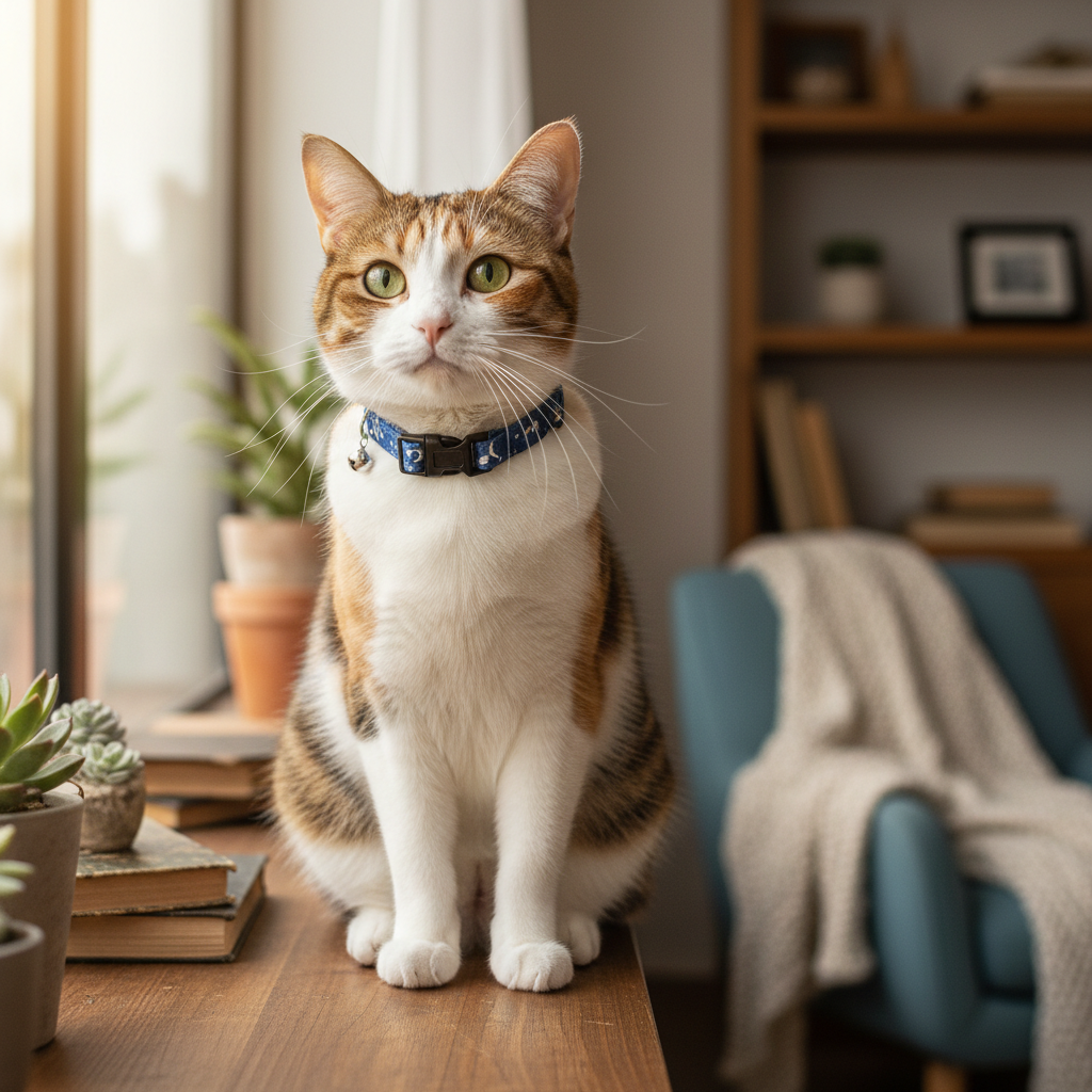 Adjustable Cat Collar with Bell, Star & Moon Print