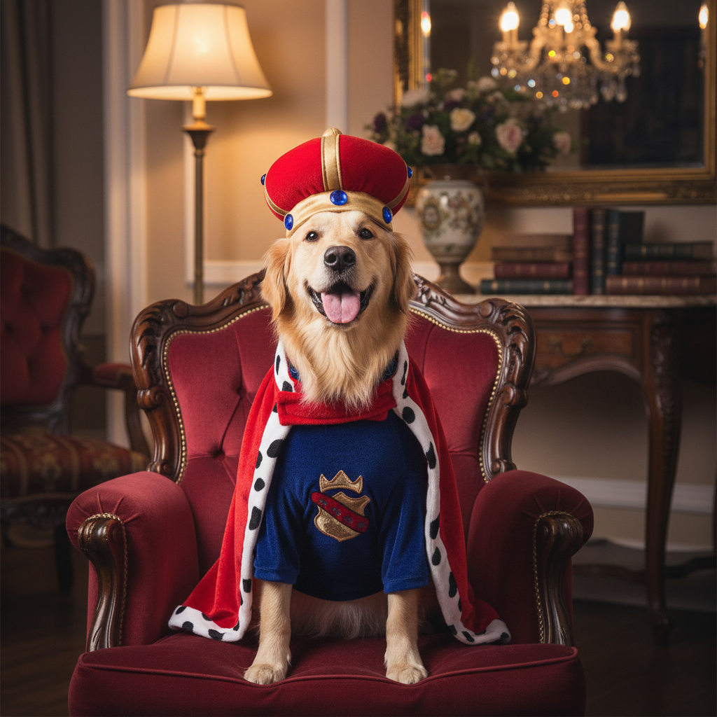 Golden Retriever con disfraz de rey en salón