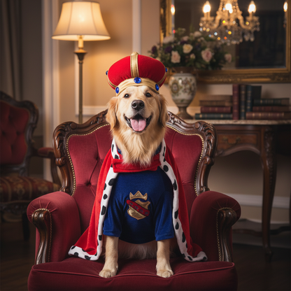 Golden Retriever con disfraz de rey en salón