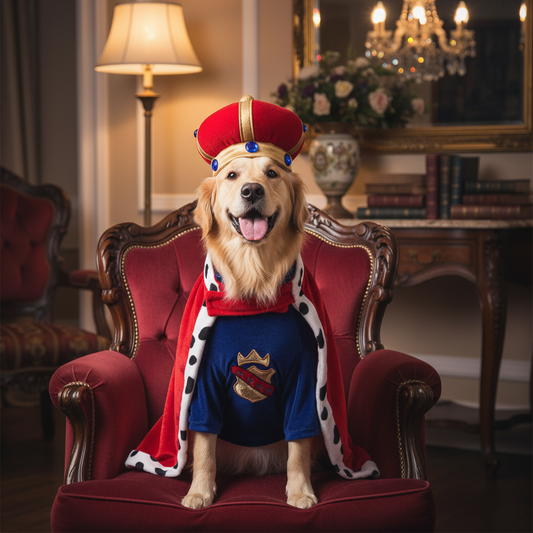 Golden Retriever con disfraz de rey en salón