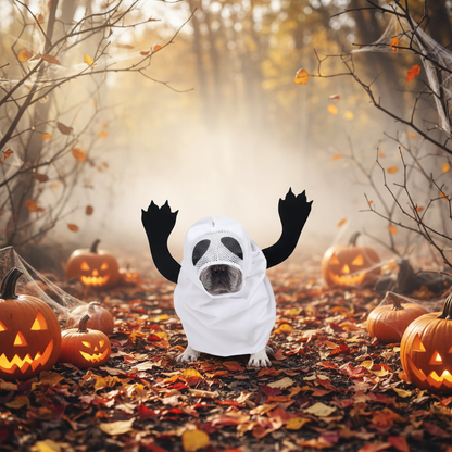 Perro con disfraz de fantasma en otoño