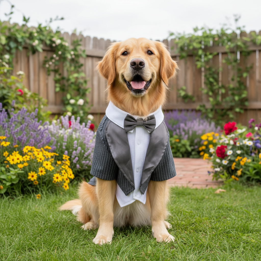 Perro con esmoquin en jardín